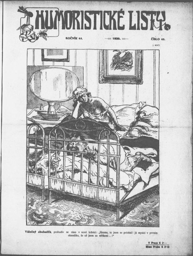 Schwarze und weiße Illustration einer Person, die auf einem Bett liegt, mit einem Spiegel auf dem Nachttisch und einem Rahmen an der Wand, begleitet von Text, der "humoristicke list - tschechische republik - april 20, 1920" oben und unten zeigt.