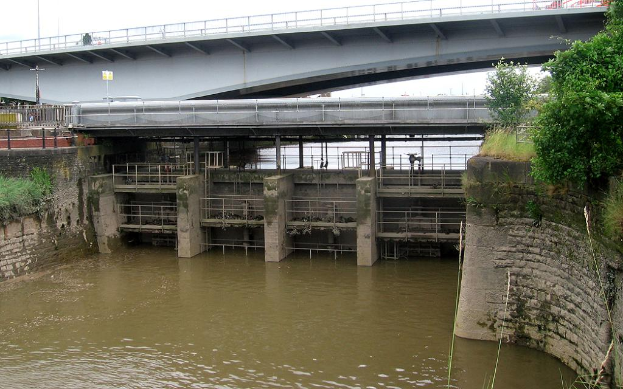 Ein Blick auf die Staumauer mit fließendem Wasser, eine Brücke und umliegende Bäume und Pflanzen.