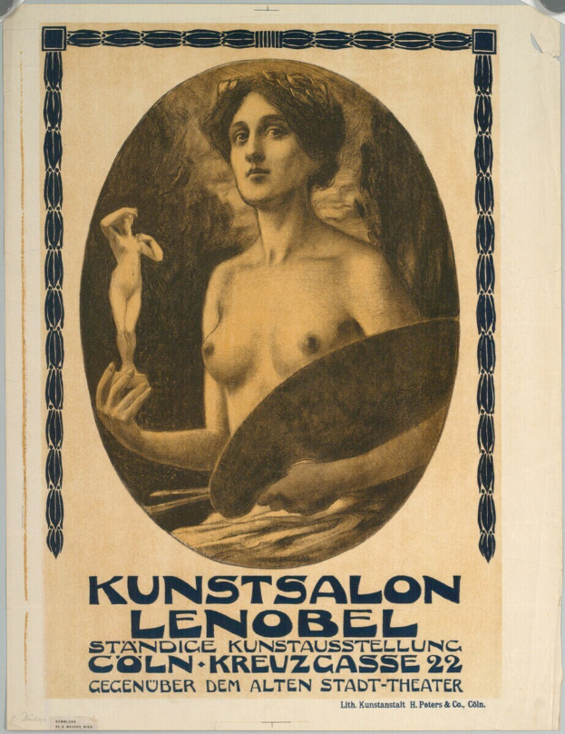 Plakat für den Kunstsalon Lenobel in Berlin, Deutschland, mit einer Frau mit menschlichem Gesicht und Text, der ein Ereignis beschreibt.