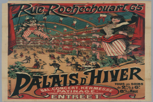 Ein Plakat, das eine Zirkusvorstellung in Paris, Frankreich, ankündigt, mit einer Gruppe von Menschen, einige in Kostümen, und dem Text "Rue Rochechouart 65".