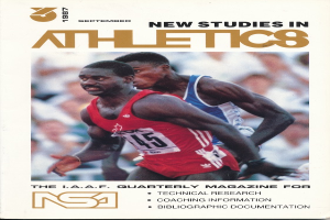 Ein Buch mit dem Titel "New Studies in Athletics September 1987" und einem Coverbild von zwei Personen.