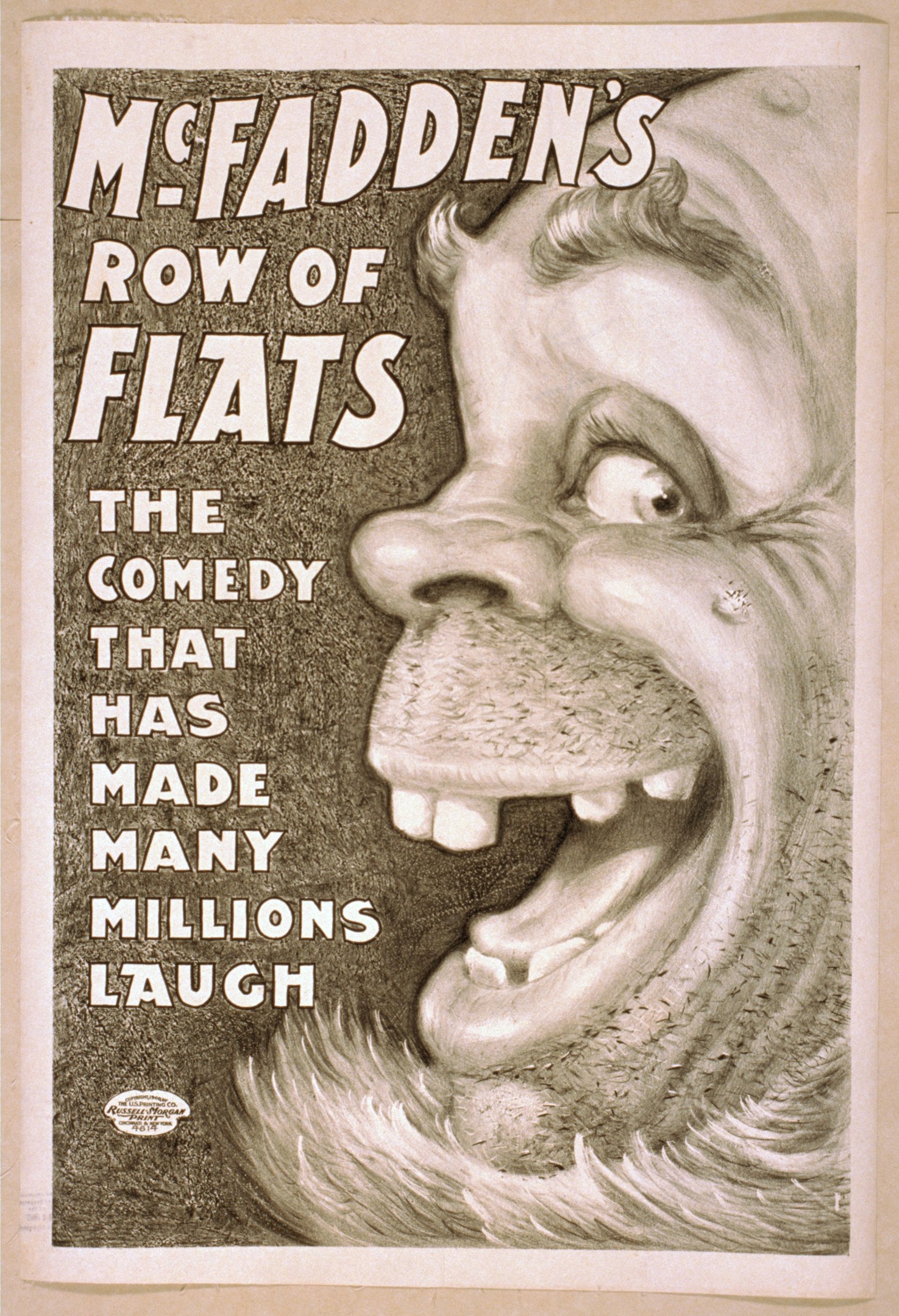 Plakat einer lachenden Person mit wilden Haaren vor einem gelben Hintergrund, die 'McFadden's Row of Flats: The Comedy That Has Made Many Millions Laugh' ankündigt.