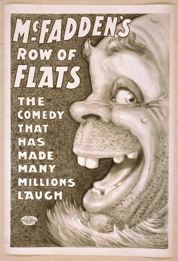 Plakat einer lachenden Person mit wilden Haaren vor einem gelben Hintergrund, die 'McFadden's Row of Flats: The Comedy That Has Made Many Millions Laugh' ankündigt.