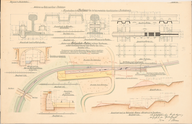 Eine detaillierte Zeichnung alter Buchseiten mit einer Illustration einer Eisenbahnschiene und ausführlichen Skizzen des Eisenbahnlayouts.