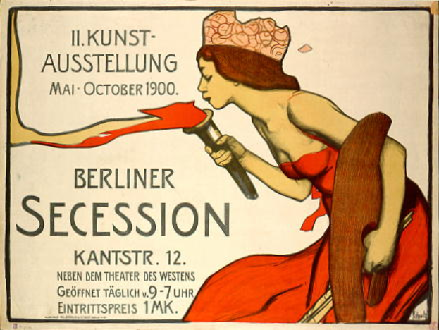 Plakat aus dem Jahr 1900, das eine Berliner Secession ankündigt und eine Frau in rotem Kleid zeigt, die ein Objekt hält, mit Text zur Veranstaltung.