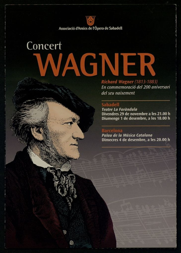 Ein Konzertplakat mit einem zentralen Porträt von Richard Wagner in einem schwarzen Anzug und weißem Hemd, mit zurückgekämmtem Haar und ernstem Gesichtsausdruck, vor einem hellblauen Hintergrund mit fetter schwarzer Schrift.