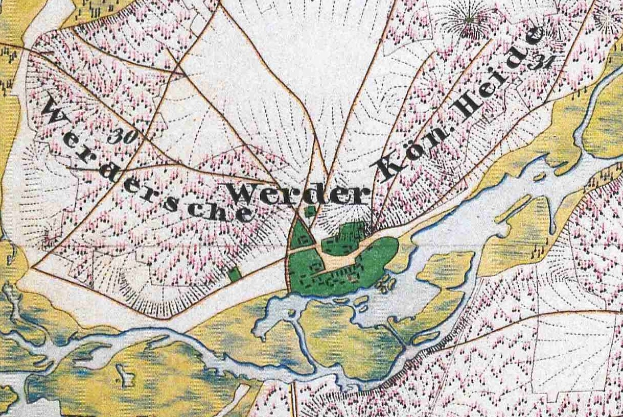 Ein detailliertes altes Stadtplan von Werder, Deutschland, mit Straßen, Gebäuden und Sehenswürdigkeiten, primarily in shades of blue, green, and yellow, with bold text indicating the town's location.