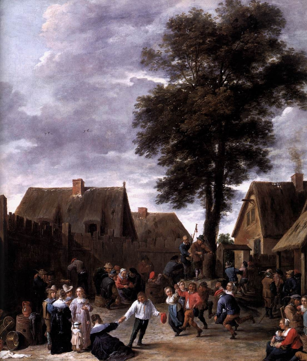 Gemälde mit dem Titel "Der Tanz im Dorf" von Jan Brueghel dem Jüngeren, das eine Dorfplatzszene mit Menschen, Häusern, Bäumen, einem Holzzaun, einer bewölkten Himmel und fliegenden Vögeln zeigt.