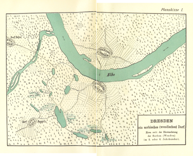 Ein detailliertes altes Stadtplan von Dresden, Deutschland, mit Text, der einen umfassenden Überblick über das Gebiet bietet.