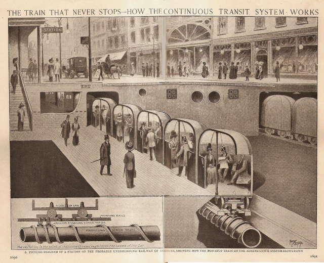 Ein Artikel mit Bildern von Menschen, Zügen und anderen Gegenständen neben dem Text "Der Zug, der nie aufhört - wie das ständige Transit-System funktioniert".