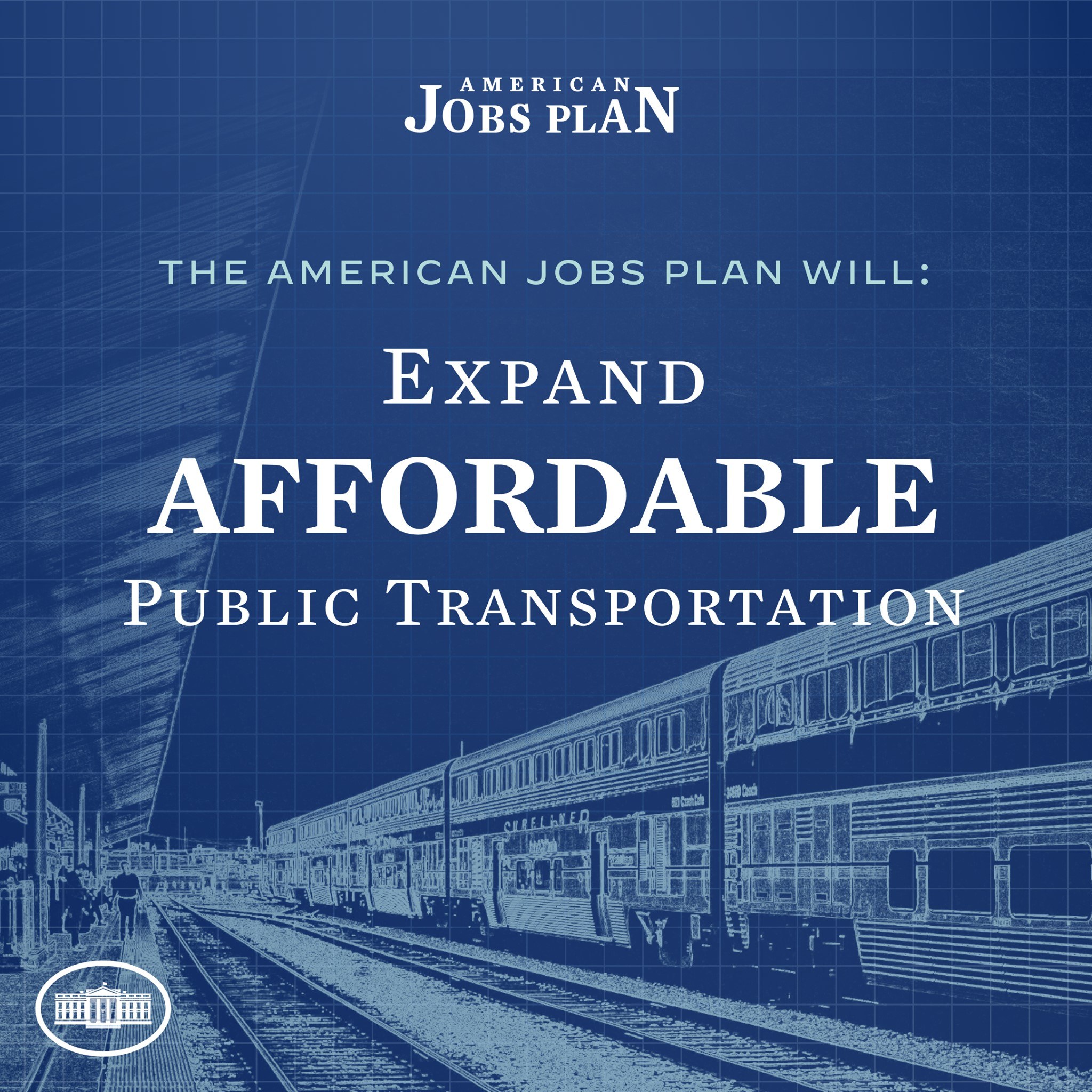 Plakat mit einem Zug auf den Eisenbahnschienen mit mehreren Menschen in der Nähe, das 'The American Jobs Plan Will Expand Affordable Public Transportation' bewirbt.