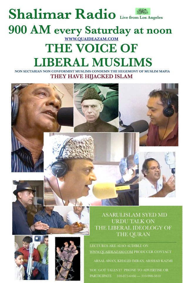Plakat, das "Die Stimme der liberalen Muslime"-Radioshow ankündigt, zeigt Bilder von Menschen mit Kopfhörern und Mikrofonen in einem Gespräch.