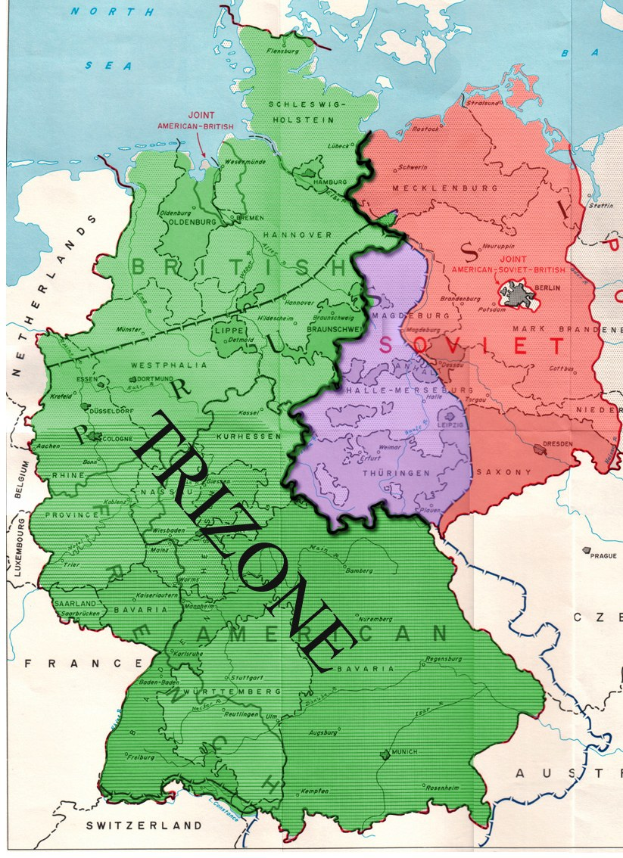 Ein Plakat, das eine Deutschlandkarte mit den Trizonen-Provinzen in verschiedenen Farben markiert und begleitenden erklärenden Text zeigt.