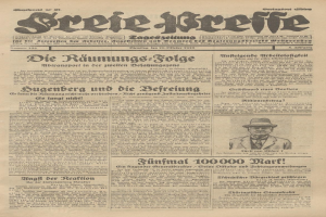 Alte deutsche Zeitung vom 29. September 1929 mit der Schlagzeile "Sugenberg und die Defreiung", die ein Schwarz-Weiß-Foto eines Mannes in Anzug, Krawatte und Hut mit ernstem Gesichtsausdruck zeigt.
