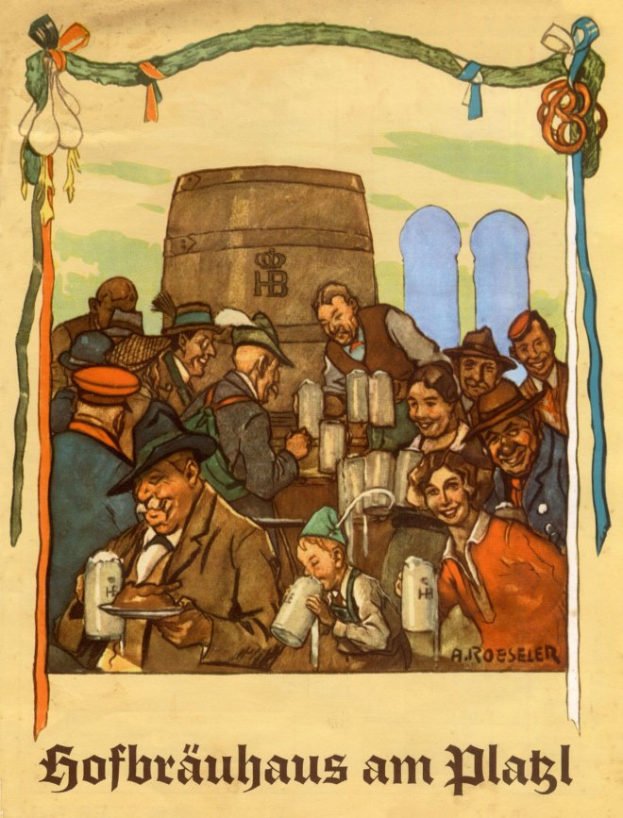Ein Plakat, das ein Bierfest in Deutschland ankündigt und eine Gruppe von Menschen zeigt, von denen einige Biergläser halten, sowie ein Fass im Hintergrund und deutschen Text unten.