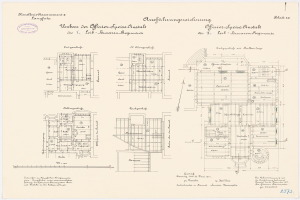 Schwarzer und weißer Grundriss des ehemaligen Bundeskanzleramts mit detaillierten Entwurfs- und Architekturzeichnungen.
