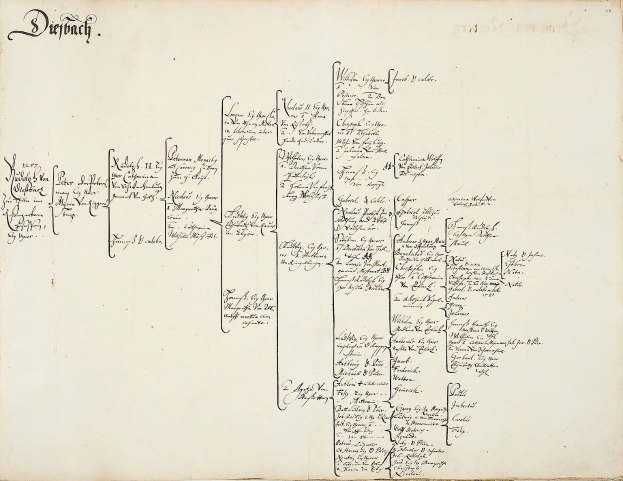 Ein aufgeschlagenes Buch, das eine handgeschriebene genealogische Karte einer deutschen Familie zeigt, gefüllt mit Texten über Familienmitglieder und ihre Abstammung.
