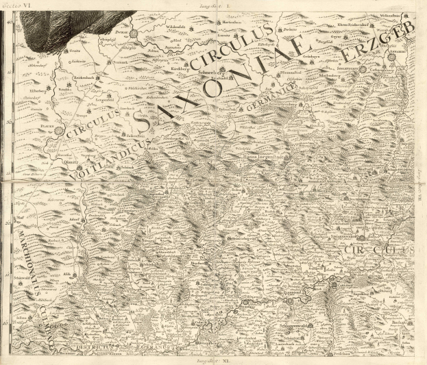 Ein detaillierter alter Plan von Sachsen, Deutschland, der geografische Merkmale wie Fl├╝sse, Berge und St├Ądte zeigt, mit begleitendem Text ├╝ber die Region und ihre Bewohner.