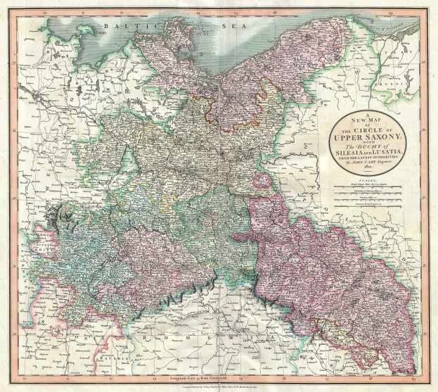 Ein altes Kartenbild der Oberlausitz-Region in Deutschland, detailliert mit Provinzen, Städten und geografischen Merkmalen, farbig in Blau-, Grün-, Gelb-, Rot- und Orangetönen dargestellt, mit klassischer Schriftart und einem schmalen schwarzen Rand.