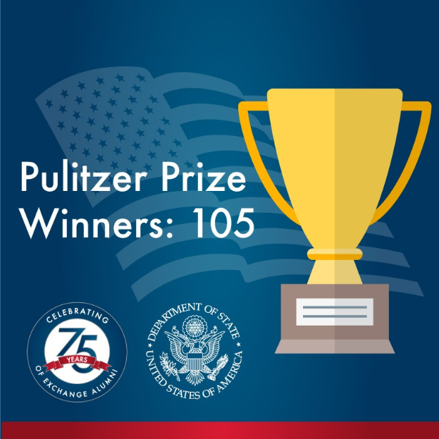 Ein Plakat mit einem zentralen Becher-Symbol umgeben von Text und Logos, betitelt "Pulitzer-Preis-Gewinner 105", repräsentiert Anerkennung und Errungenschaften.