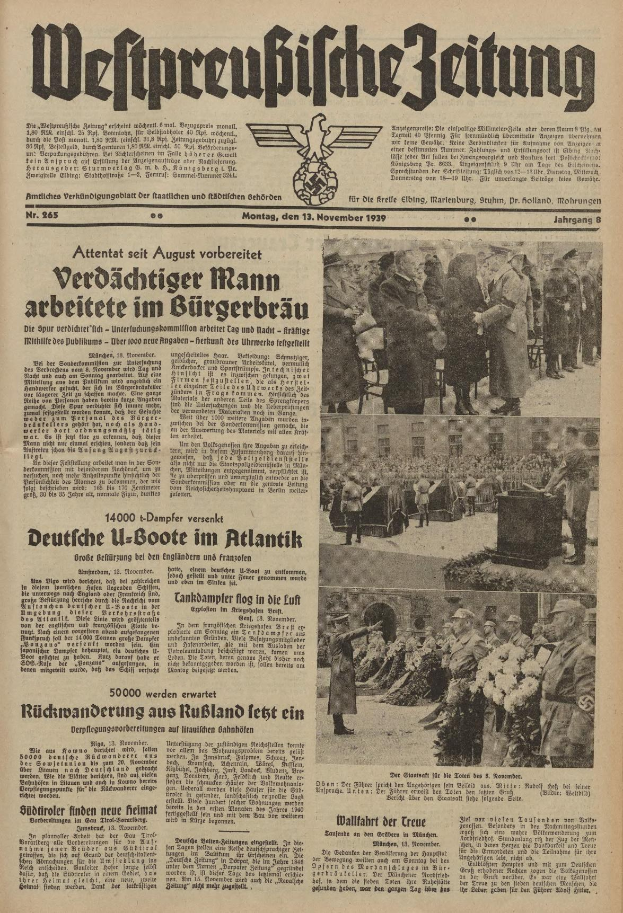 Schwarze und weisse Titelseite einer deutschen Zeitung vom 13. November 1939, betitelt 'Weitpreubliche Zeitung', mit einer Gruppe von Menschen in traditioneller deutscher Kleidung auf einem Fest.