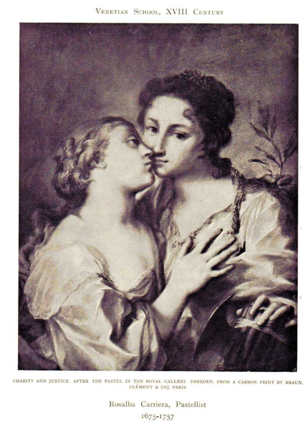 Plakat mit zwei Frauen, wobei eine die andere küsst, mit Text unten: "Wohltätigkeit und Gerechtigkeit nach dem Pastell in der Königlichen Galerie, Dresden, aus einem Kohlenstoffdruck von Braun".