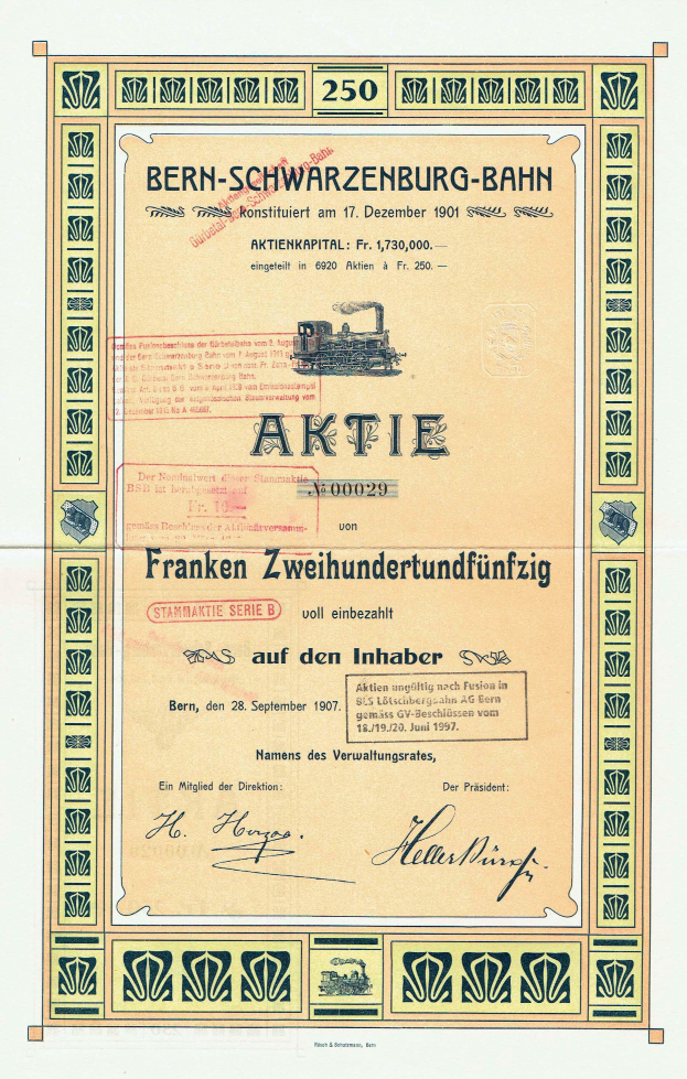 Ein altes Aktienzertifikat der deutschen Regierung von Bern-Schwarzenburg-Bahn, mit Text und einer Illustration eines Zuges.