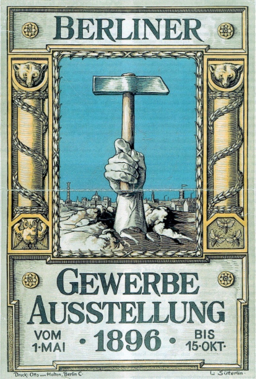 Plakat aus dem Jahr 1896 aus Berlin, das ein Ereignis ankündigt und eine Hand mit einem Hammer zeigt, mit der Aufschrift "Berliner Gewerbe Ausstellung vom 1-1-1896."