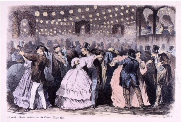 Eine Gruppe von Menschen, die in einem Ballsaal tanzen, beleuchtet von Lichtern und umgeben von Wänden, mit Text unten, der 'Madame Baille Nacional en la Campagne Bleuet, 1860' lautet.
