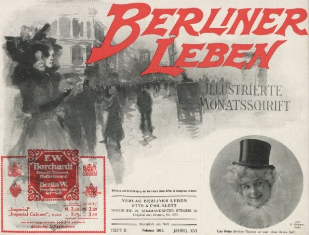 Werbeplakat für das Berliner Leben Theater mit einer Frau im Zylinder und einem Mann im Anzug, mit Text, einem Stempel, einigen Leuten und Geböuden im Hintergrund.