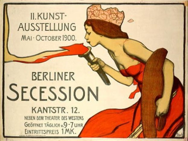 Plakat aus dem Jahr 1900, das eine Berliner Sezession ankündigt und eine Frau in einem roten Kleid zeigt, die ein Objekt mit Text hält.