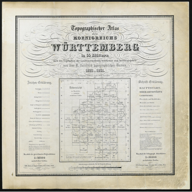 Ein altes Stadtplan von Württemberg, Deutschland, gerahmt und mit detaillierten Texten gefüllt.