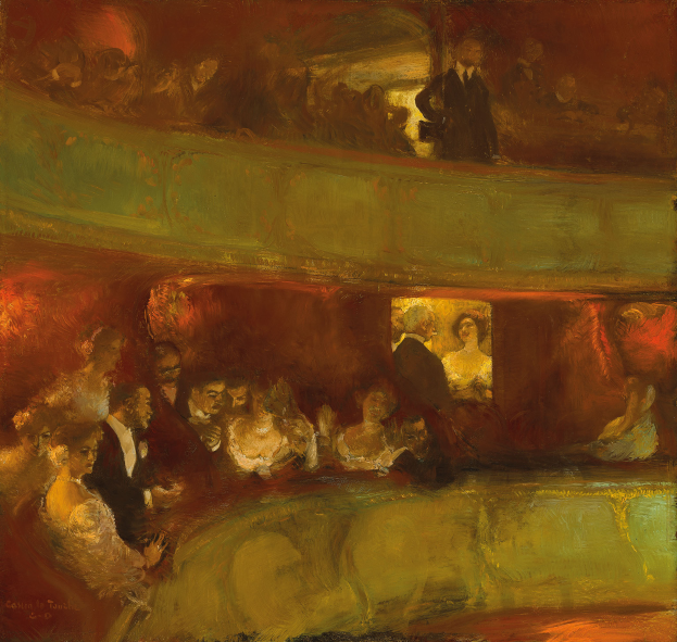 Ein Bild einer bunten Gruppe von Menschen in einem hell erleuchteten Theater, einige stehen, andere sitzen, alle in eleganter Kleidung, schaffen eine lebendige und einladende Atmosphäre.