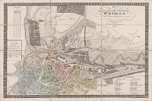 Detailiertes altes Stadtplan von Weimar, Deutschland, zeigt Straßen, Gebäude und Sehenswürdigkeiten mit begleitendem Text über die Bevölkerung und Merkmale der Stadt.