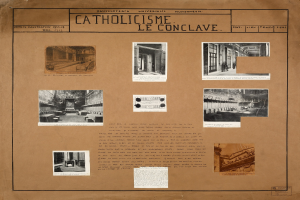 Ein Buch mit Bildern und Texten, die die Geschichte der katholischen Kirche dokumentieren, darunter Bilder von ihren Räumen, Fluren und erhaltenen Artefakten.