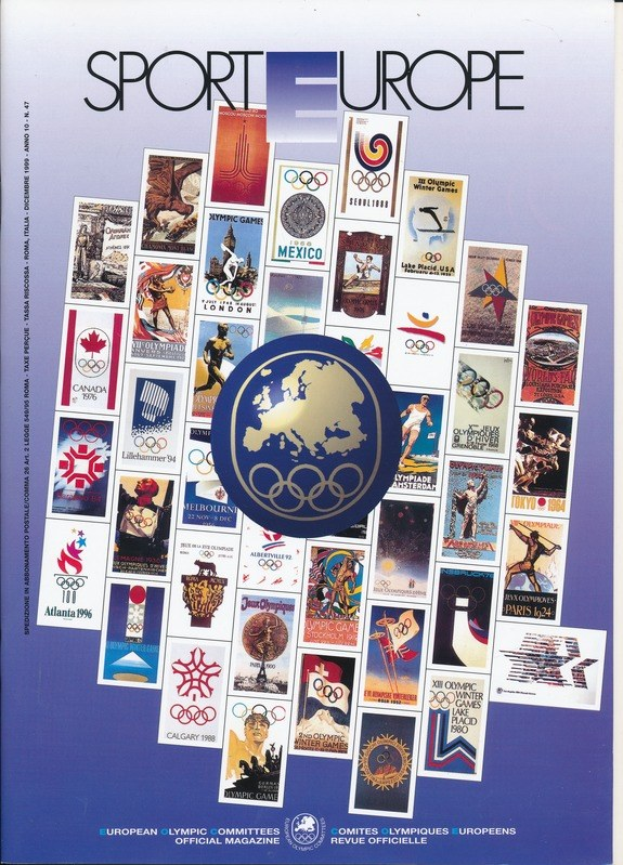 Ein Buchumschlag mit dem Titel 'Sport in Europa', der farbenfrohe Bilder und Texte zu den Olympischen Spielen in Europa zeigt.