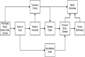 Flowchart-Diagramm, das verschiedene Arten von medizinischen Kosten veranschaulicht, die mit Vorerkrankungen, Gesundheit und Gesundheitsergebnissen verbunden sind, mit verbundenen und beschrifteten K├Ąstchen, die Schritte und Interaktionen zeigen.
