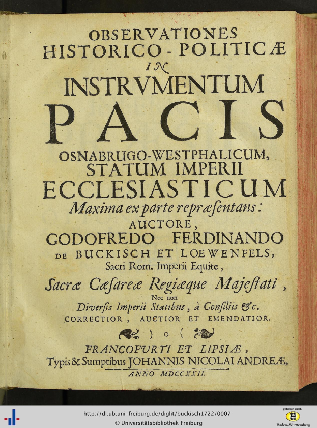 Altes Buch mit dem Titel "Beobachtungen Historico-Politica in Instrumentum Pacis" aufgeschlagen auf einer Seite mit schwarzer Tinte und einem dekorativen Rand.