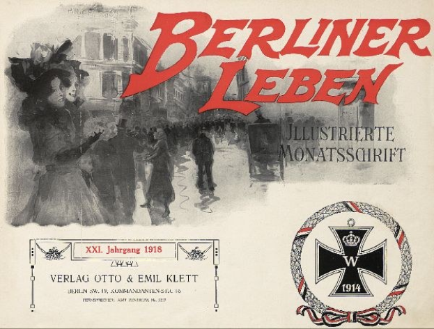 Titelbild eines alten Buches namens "Berliner Leben" mit einem Gruppenfoto von Menschen in einer feierlichen Umgebung und einem logo in Verbindung mit der deutschen Armee.