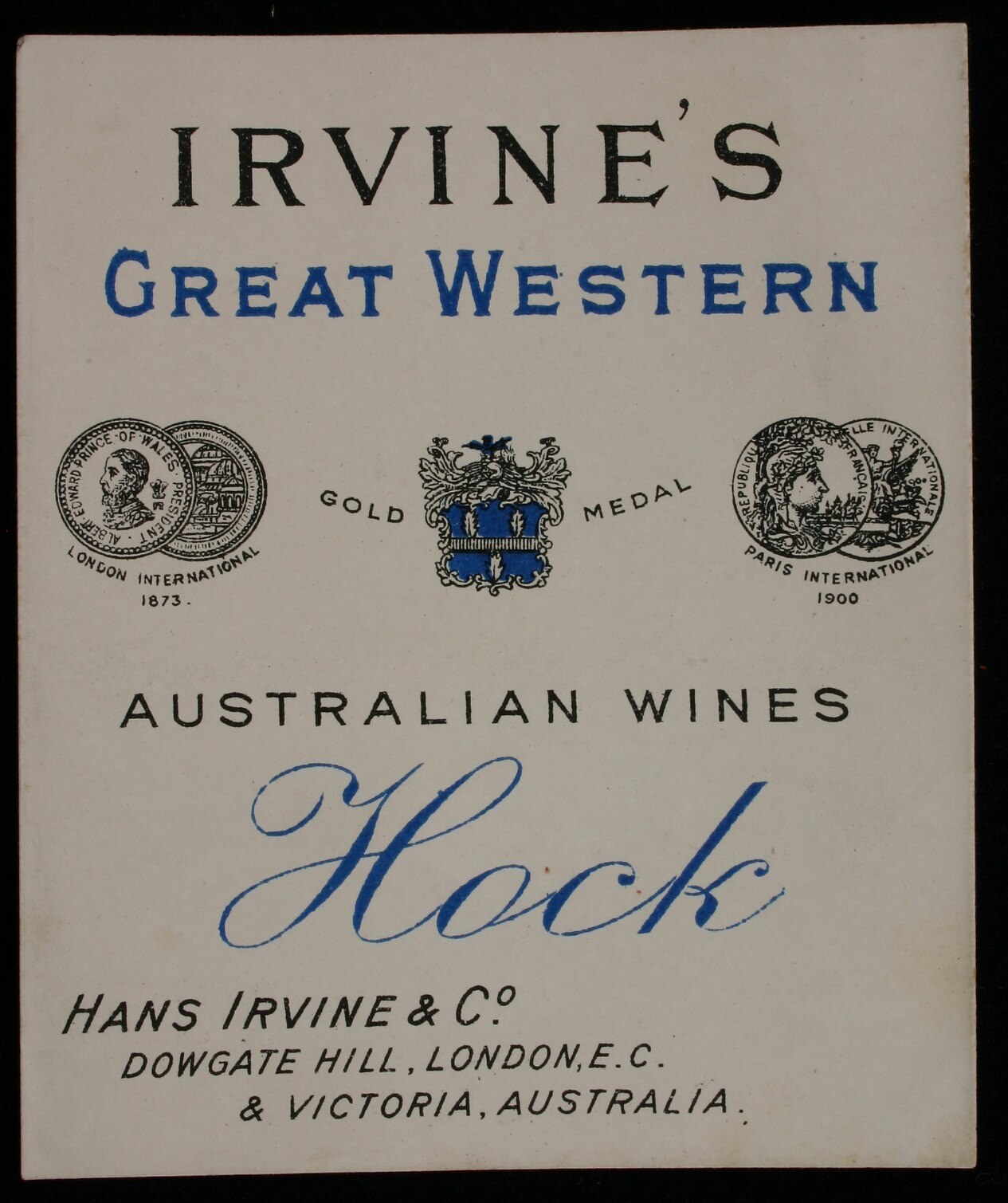 Plakat, das Irvine's Great Western Australian Wines bewirbt, mit dem Text und Logos des Unternehmens.