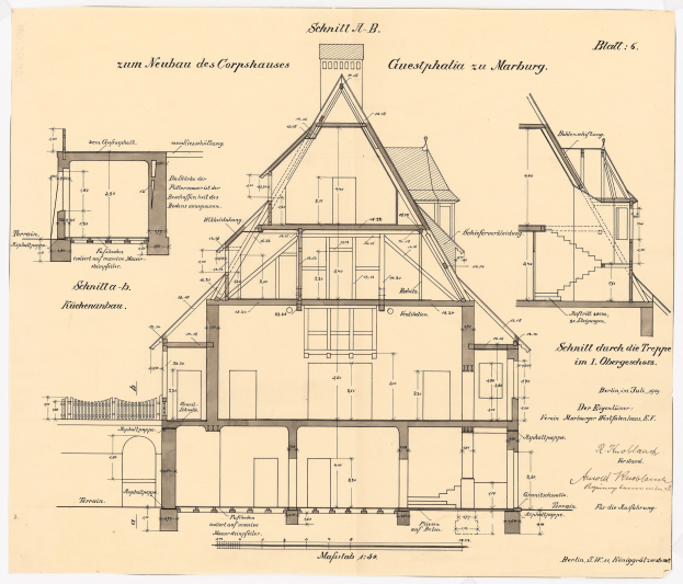 Ein detailliertes architektonisches Zeichnung eines Hauses mit zahlreichen Fenstern und einem Dach, identifiziert als das erste Haus in Deutschland, begleitet von Text und strukturellen Plänen auf altem Papier.