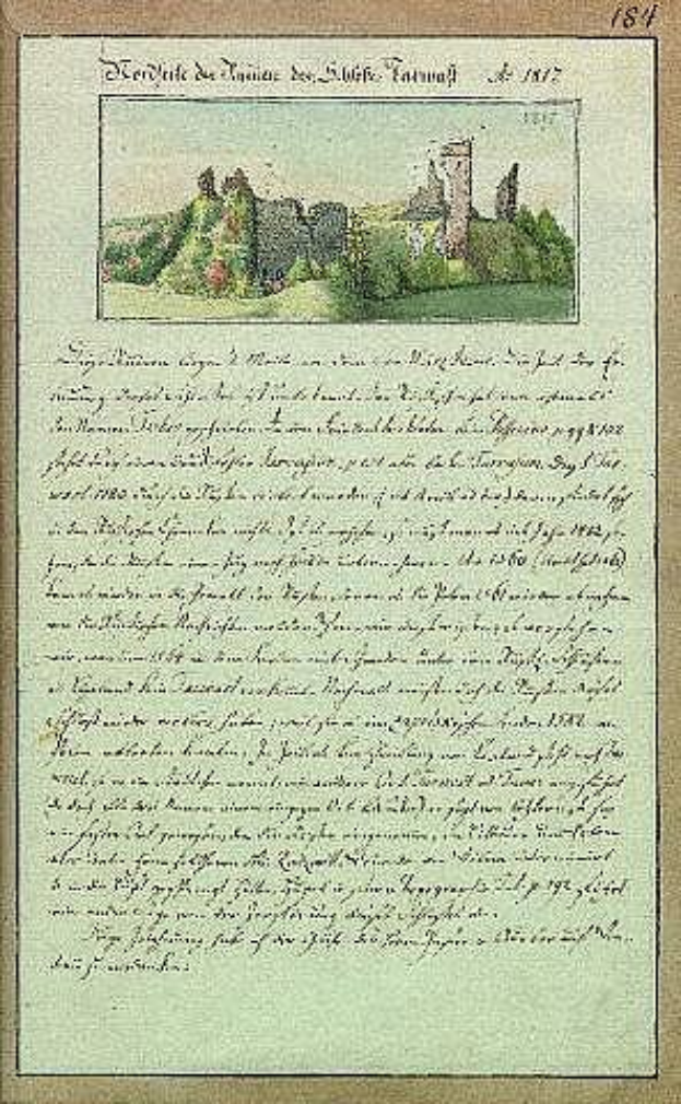 Ein altes, vergilbtes Schreiben aus dem Jahr 1847 an den Präsidenten von Deutschland mit einer sauberen Kurrentschrift und einem Hintergrundbild eines Schlosses umgeben von grünen Bäumen unter einem blauen Himmel.