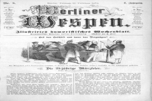 Eine alte Zeitung namens 'Berliner Wespen' vom 21. Februar 1873, die eine Gruppe von Menschen in traditioneller deutscher Kleidung bei einem Gespräch zeigt.