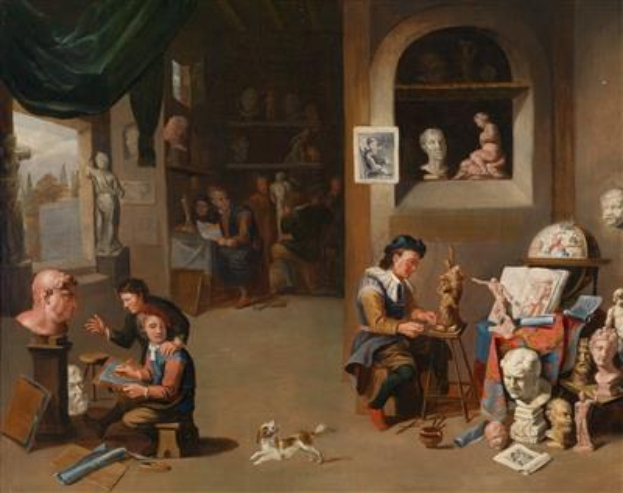 Gemälde 'Das Künstleratelier' von Jan Brueghel dem Jüngeren, das einen unordentlichen Raum mit Menschen, verstreuten Gegenständen wie Skulpturen und Papieren sowie Hintergrundelementen wie Rahmenfotos, einem Fenster und einer Tür zeigt.