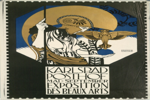 Plakat für die Karlsbader Posthof-Ausstellung der Beaux Arts mit einer Person in einem weißen Kleid mit einem blauen und weißen gemusterten Schultertuch vor einem hellgelben Hintergrund, umgeben von fetter schwarzer Schrift in einem weißen Rand.