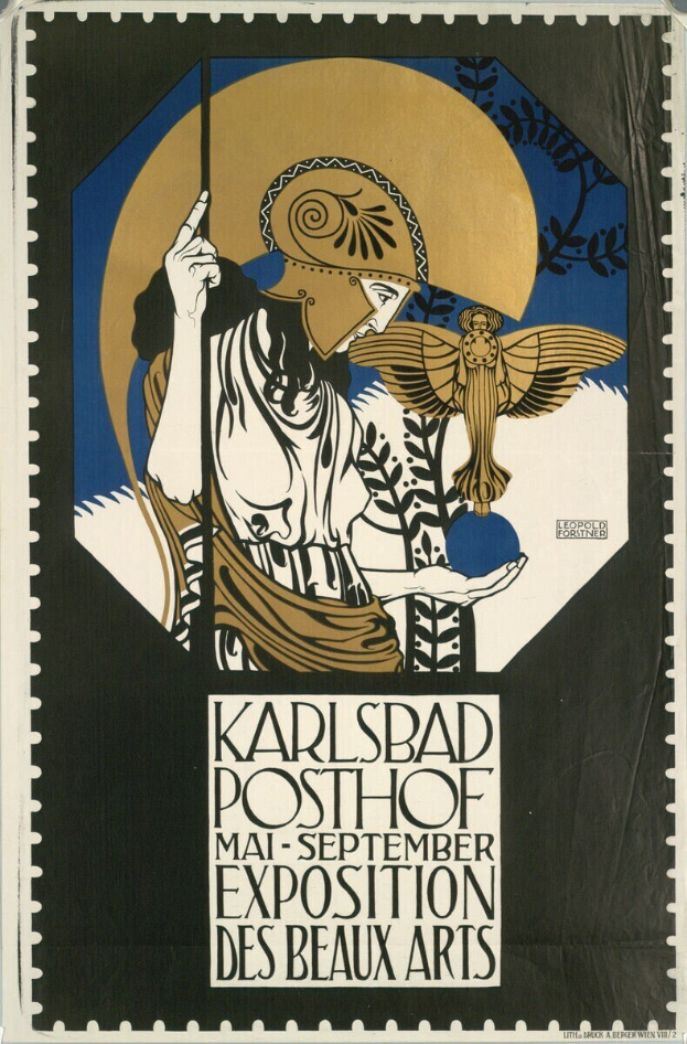 Plakat für die Karlsbader Posthof-Ausstellung der Beaux Arts mit einer Person in einem weißen Kleid mit einem blauen und weißen gemusterten Schultertuch vor einem hellgelben Hintergrund, umgeben von fetter schwarzer Schrift in einem weißen Rand.