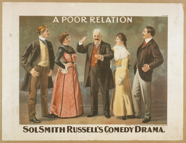 Plakat für "Sol Smith Russells Comedy-Drama: Eine schlechte Beziehung" mit einer Gruppe von lässig gekleideten Menschen, die vor einem hellblauen Hintergrund stehen.