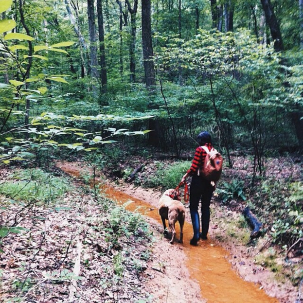 Eine Frau in einem roten Shirt und schwarzen Jeans, die einen Rucksack trägt, hält einen Hund an der Leine, während sie durch flaches Wasser in einem bewaldeten Gebiet geht, mit Pflanzen und Bäumen im Hintergrund.