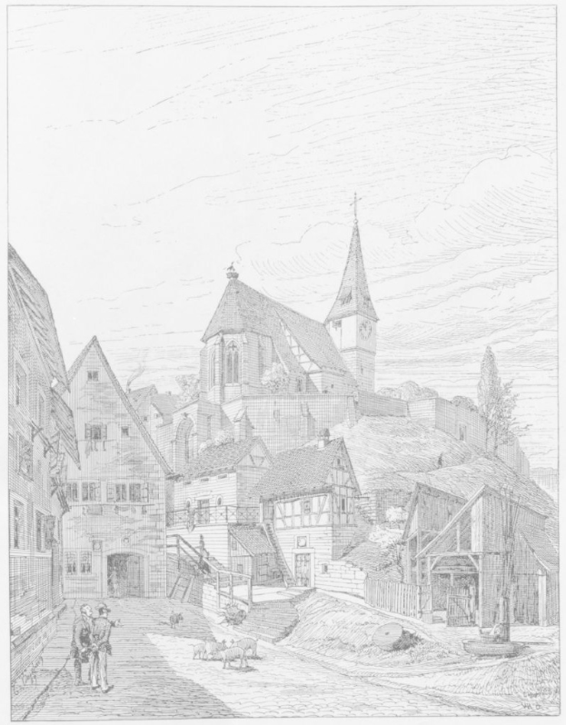 Eine Schwarz-Weiß-Zeichnung einer StraßenSzene in Heidelberg, Deutschland, mit der Kirche der Heiligen Dreifaltigkeit im Hintergrund, umgeben von Gebäuden, Menschen, Tieren, Bäumen und einem Himmel, mit Text unten, der besagt: "Die Kirche der Heiligen Dreifaltigkeit in der Altstadt von Heidelberg, Deutschland".