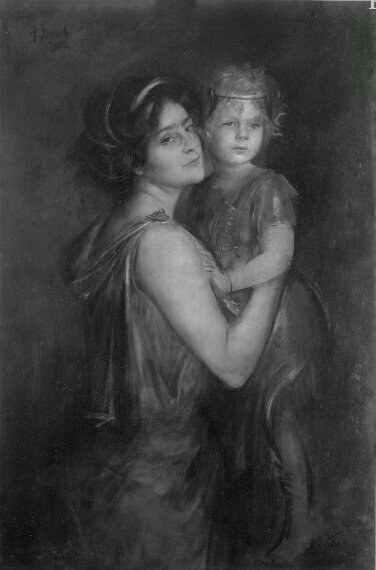 Schwarzes und wei├čes Portr├Ąt einer Frau mit einem Kind, mit dem Text "Mutter und Kind" unten.